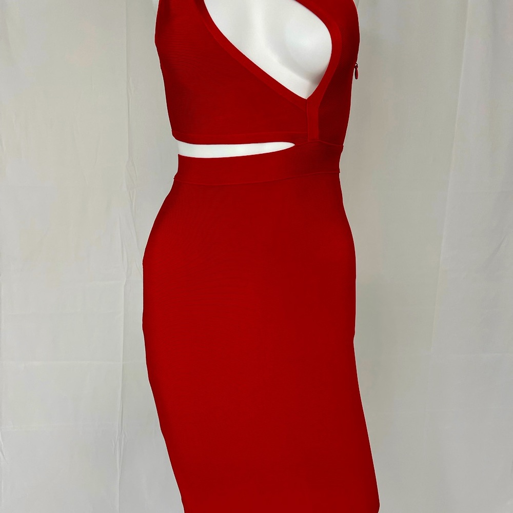 Hot Miami Styles Red one shoulder. Cut out dress.